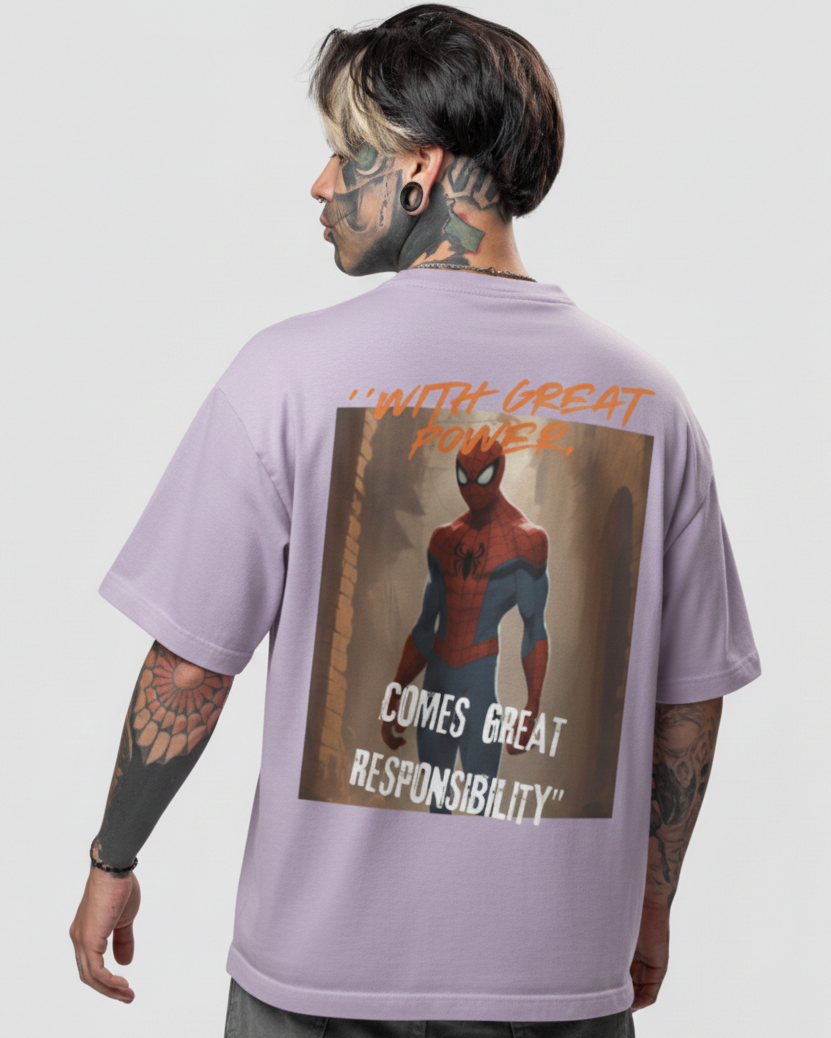 Person wearing a purple t-shirt with Spider-Man graphic and text on the back