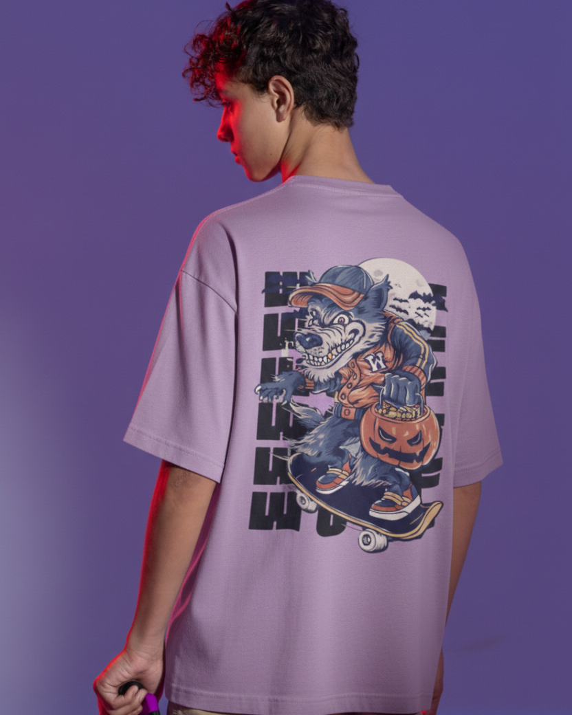 Person wearing a purple t-shirt with a graphic design on the back against a purple background