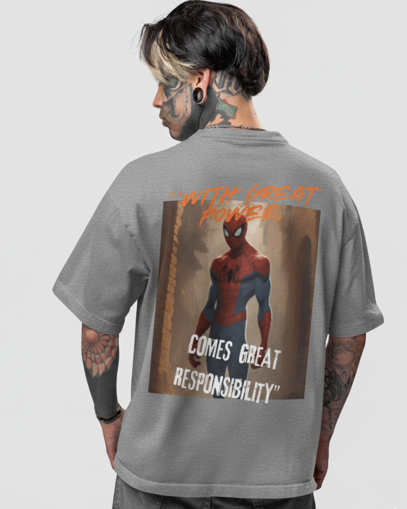 Person wearing a gray t-shirt with Spider-Man graphic and text on the back