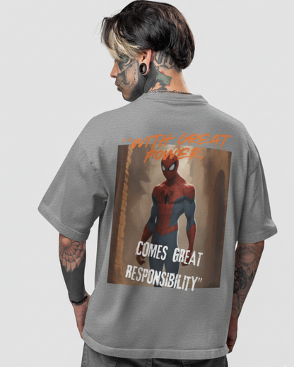 Person wearing a gray t-shirt with Spider-Man graphic and text on the back