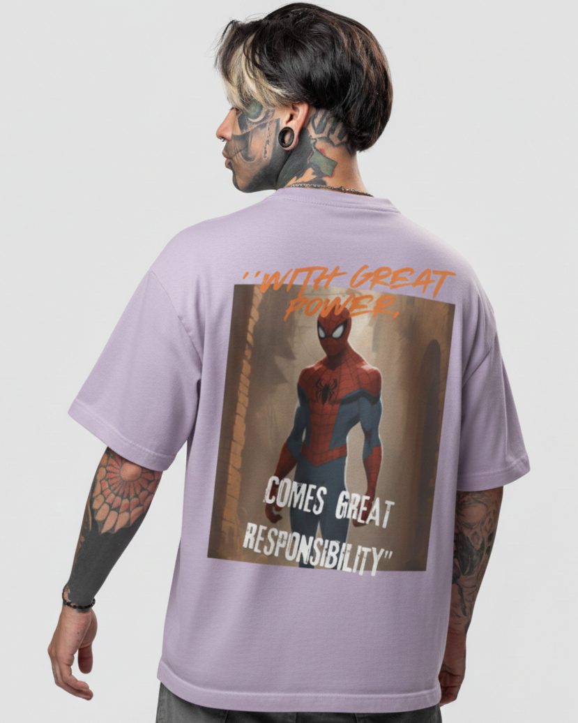 Person wearing a purple t-shirt with Spider-Man graphic and text on the back