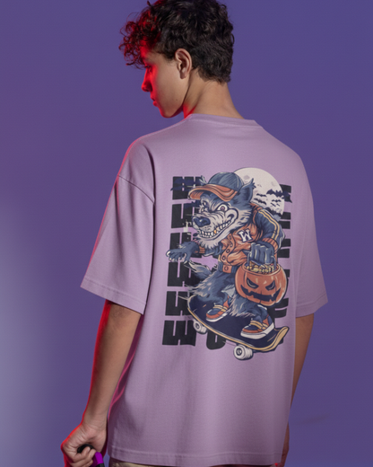 Person wearing a purple t-shirt with a graphic design on the back against a purple background