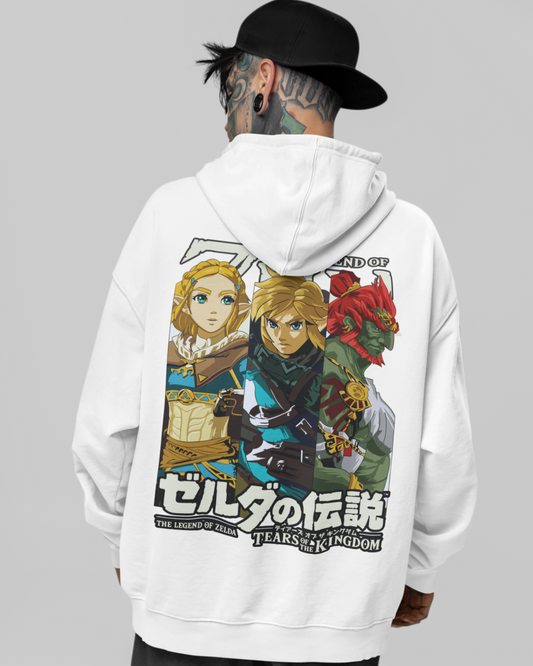 Person wearing a white hoodie with a 'The Legend of Zelda' graphic on the back against a gray background